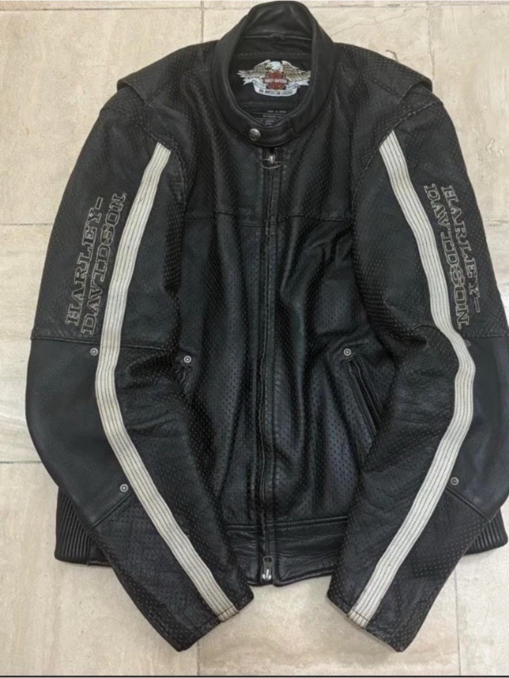 Harley-Davidson Black Leather Bomber Jacket with White Stripes